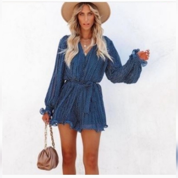 Endless Rose Navy Blue with White Polka Dot Pleated Lined Romper - Size S - Picture 1 of 13